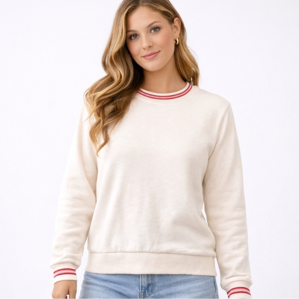 Marine Layer Pearl Crewneck Sweatshirt Red Pink Stripe Trim Womens Soft Pullover